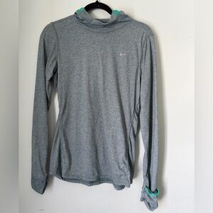Nike Running Dri Fit Hooded Long Sleeve Top Gray-Green Women's Medium Thumbholes